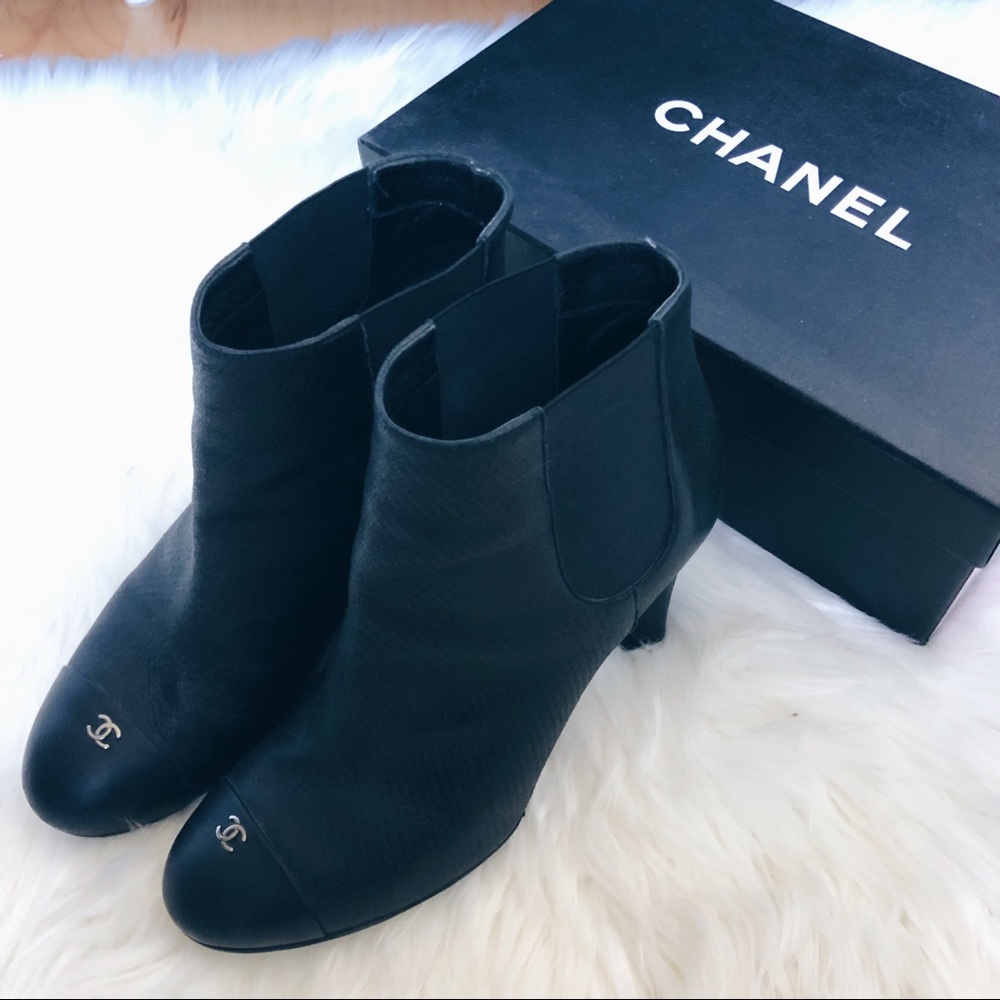 {chanel} logo ankle booties